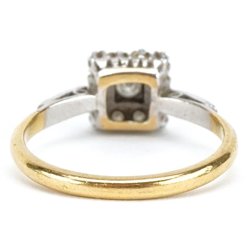 3030 - An Art Deco style 18ct gold and platinum diamond square cluster ring, size O/P, 3.5g, housed in a W ... 