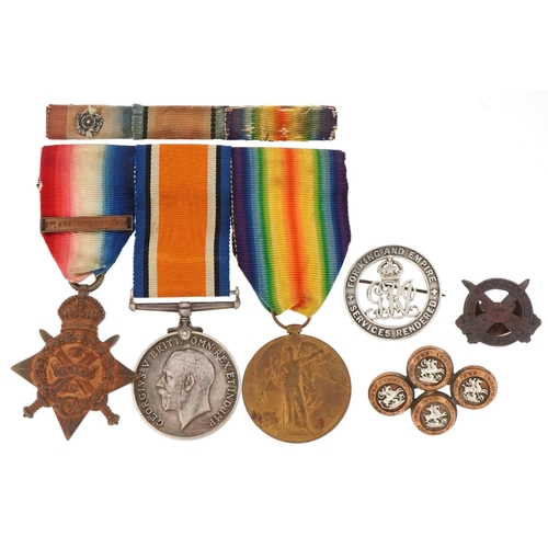 2383A - British military World War I medal trio and militaria, the trio awarded to L-7599 PTE.E.SPRIGGS.E.KE... 