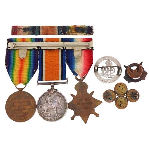 2383A - British military World War I medal trio and militaria, the trio awarded to L-7599 PTE.E.SPRIGGS.E.KE... 