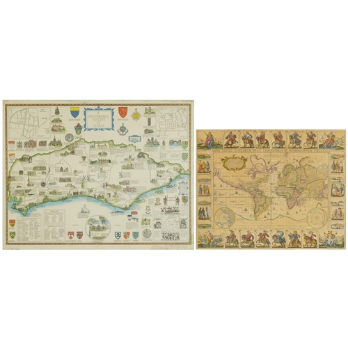 2270 - A late 20th century A Cartographic History of Sussex, colour print, framed, 51cm x 65cm, together wi... 