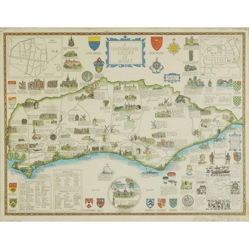 2270 - A late 20th century A Cartographic History of Sussex, colour print, framed, 51cm x 65cm, together wi... 