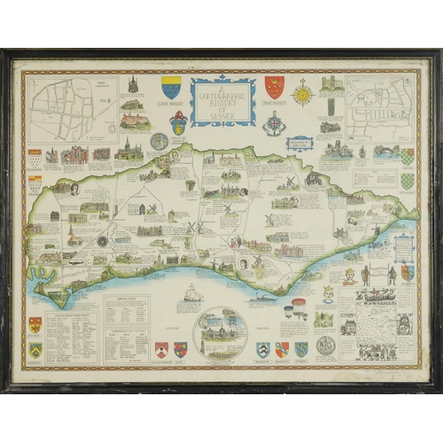 2270 - A late 20th century A Cartographic History of Sussex, colour print, framed, 51cm x 65cm, together wi... 