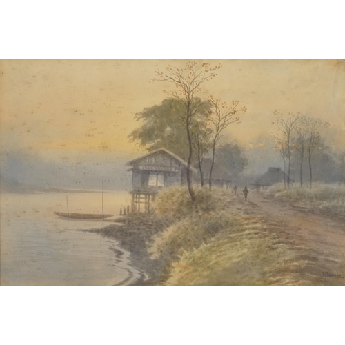 1636 - Lakeside View, 20th century Japanese School, watercolour on paper, indistinctly signed, framed, 31cm... 