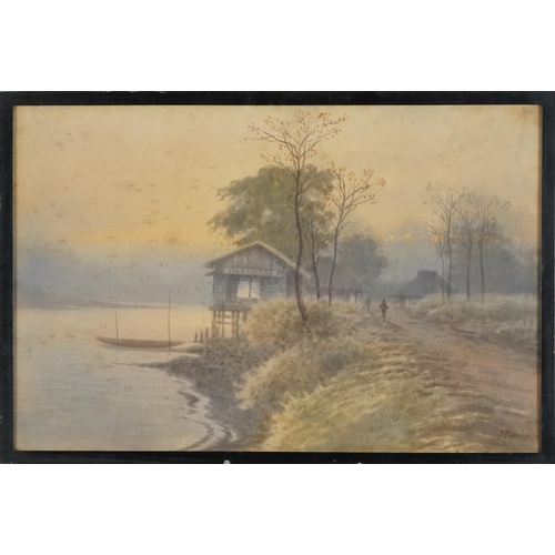 1636 - Lakeside View, 20th century Japanese School, watercolour on paper, indistinctly signed, framed, 31cm... 