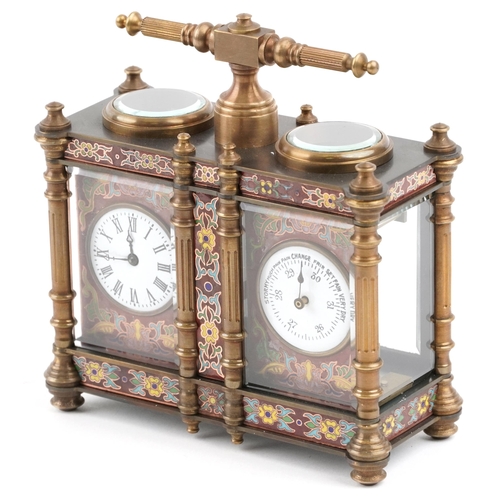 182 - A champlevé enamel brass cased travelling timepiece with clock and barometer, 12.5cm wide.