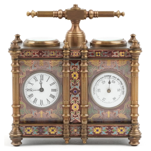 182 - A champlevé enamel brass cased travelling timepiece with clock and barometer, 12.5cm wide.