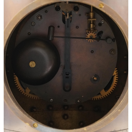 1064 - A large French brass clock in the form of an industrial boiler, striking on a bell, having enamelled... 