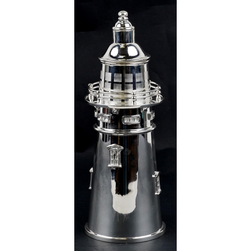 1117 - An Art Deco style silver plated cocktail shaker in the form of a lighthouse, 34.5cm high.