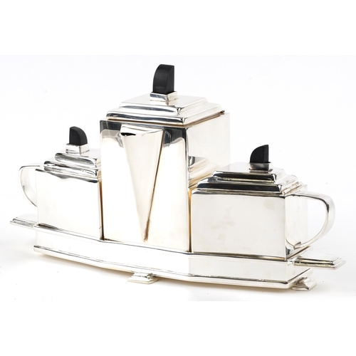 1170 - An Art Deco design Modernist three piece silver plated tea set on tray in the style of Christopher D... 