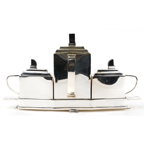 1170 - An Art Deco design Modernist three piece silver plated tea set on tray in the style of Christopher D... 