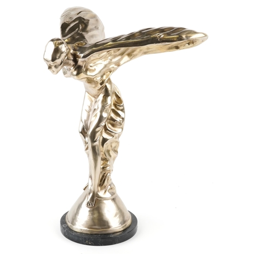 2289 - A large automobilia interest silvered metal Spirit of Ecstasy figure raised on a circular marble bas... 