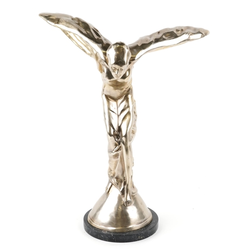 2289 - A large automobilia interest silvered metal Spirit of Ecstasy figure raised on a circular marble bas... 