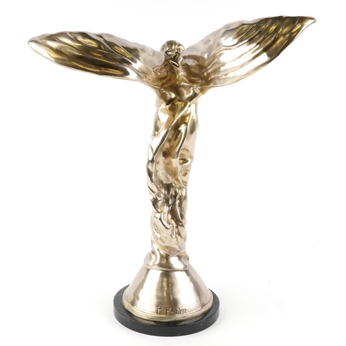 2289 - A large automobilia interest silvered metal Spirit of Ecstasy figure raised on a circular marble bas... 