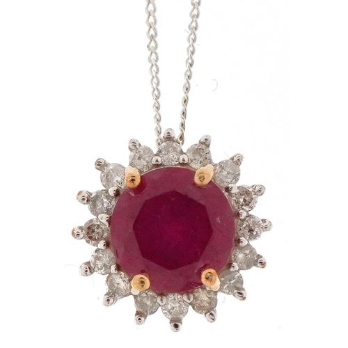 3121 - A 9ct gold pink spinel and diamond cluster pendant on a 9ct white gold necklace, 9.5mm in diameter a... 