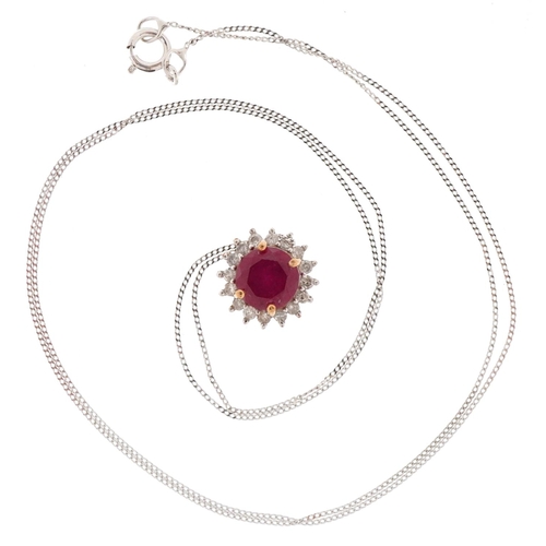 3121 - A 9ct gold pink spinel and diamond cluster pendant on a 9ct white gold necklace, 9.5mm in diameter a... 