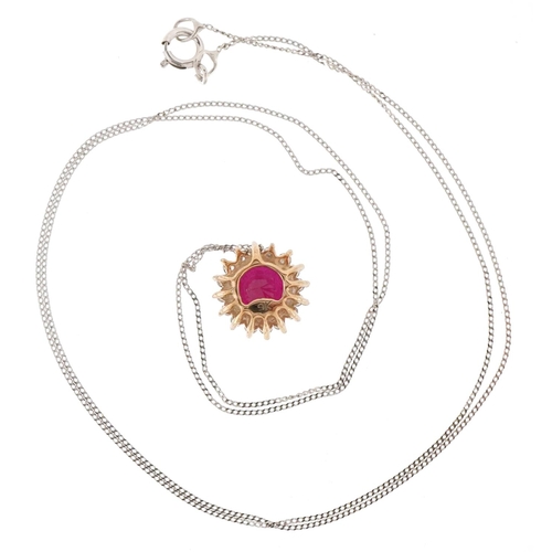 3121 - A 9ct gold pink spinel and diamond cluster pendant on a 9ct white gold necklace, 9.5mm in diameter a... 