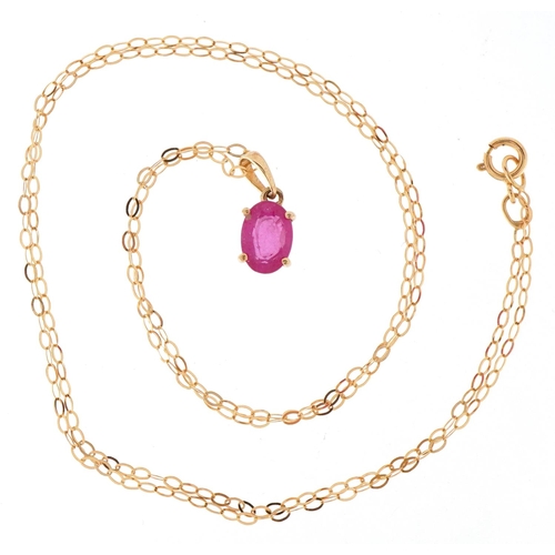 3114 - A 9ct gold pink sapphire solitaire pendant on a 9ct gold necklace, 13mm high and 44cm in length, tot... 