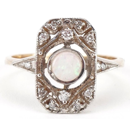 3025 - An Art Deco unmarked gold opal and diamond ring, size O, 2.9g.