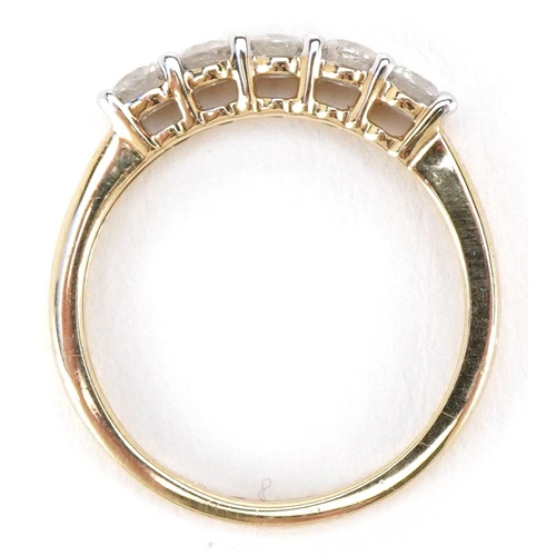 3115 - A 9ct gold five stone diamond ring, total diamond weight 0.50 approximately carat, size L, 1.8g.