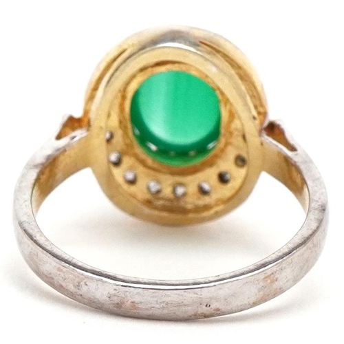 3417 - A silver gilt cabochon green onyx and diamond ring, onyx weight approximately 1.91 carat, total diam... 