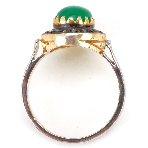 3417 - A silver gilt cabochon green onyx and diamond ring, onyx weight approximately 1.91 carat, total diam... 