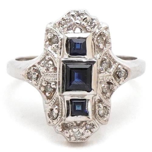 3421 - An Art Deco style 14ct white gold sapphire and diamond ring, total sapphire weight approximately 0.4... 