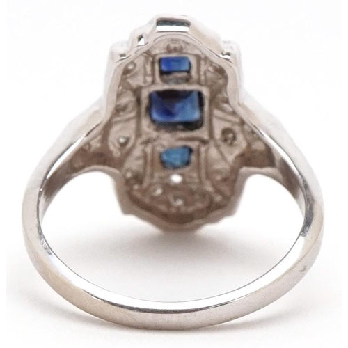 3421 - An Art Deco style 14ct white gold sapphire and diamond ring, total sapphire weight approximately 0.4... 