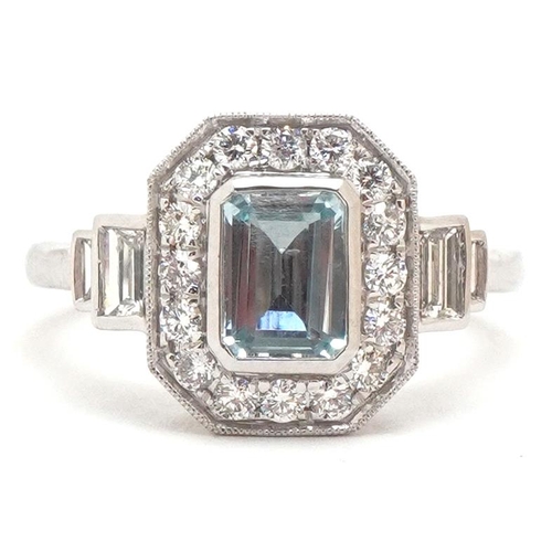 3072 - An Art Deco style platinum aquamarine and diamond ring, the aquamarine approximately 0.82 carat, tot... 