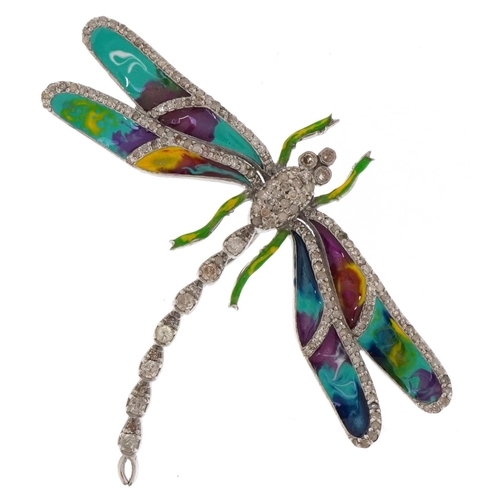 3041 - A silver and enamel brooch set with diamonds in the form of a dragonfly, total diamond weight approx... 