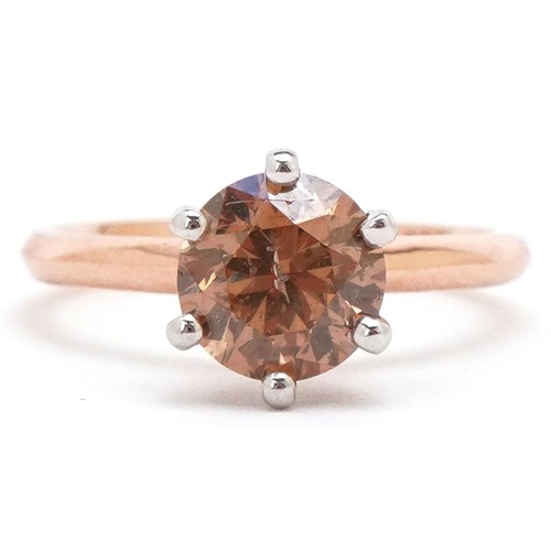 3200 - An 18ct rose gold Champagne diamond solitaire ring, the diamond approximately 1.82 carat, size L/M, ... 