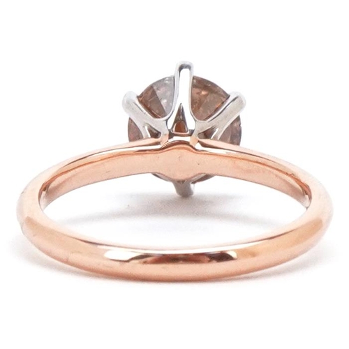 3200 - An 18ct rose gold Champagne diamond solitaire ring, the diamond approximately 1.82 carat, size L/M, ... 