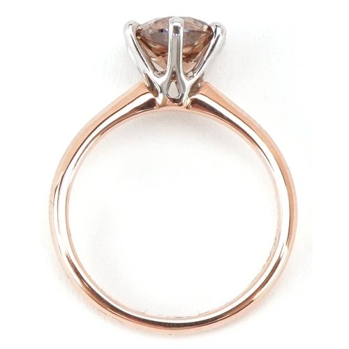 3200 - An 18ct rose gold Champagne diamond solitaire ring, the diamond approximately 1.82 carat, size L/M, ... 