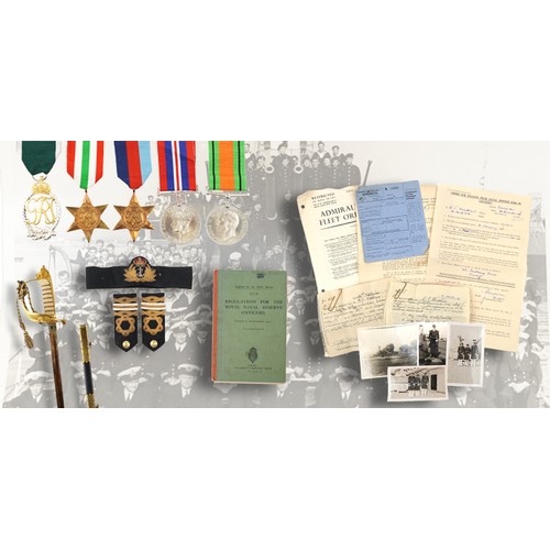 World War II naval militaria relating to Edgar James Matthews including medal group, officer's sword with shagreen grip and engraved steel blade, naval reports, iron duke? zzz and black and white photographs.