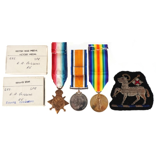 2392 - British military World War I Royal Engineers medal trio awarded to 685 SPR.E.A.GIDDENS RE and an emb... 