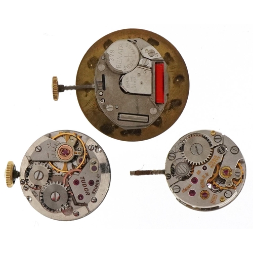 3675 - Three Rolex and Tudor wristwatch movements, the largest 20mm in diameter.