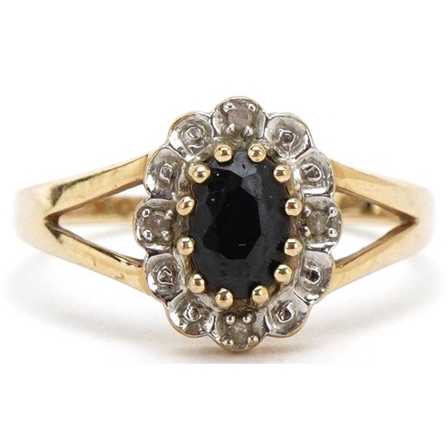 3196 - A 9ct gold sapphire and diamond cluster ring, size M, 1.8g.