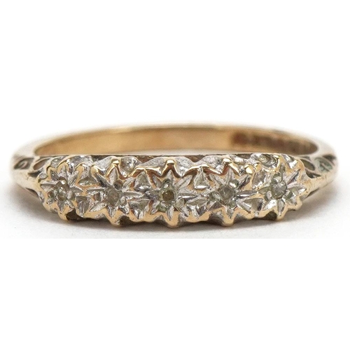 3508 - A 9ct gold diamond five stone ring, size I, 1.4g.