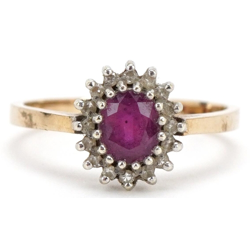 3194 - A 9ct gold ruby and diamond cluster ring, size N/O, 2.4g.