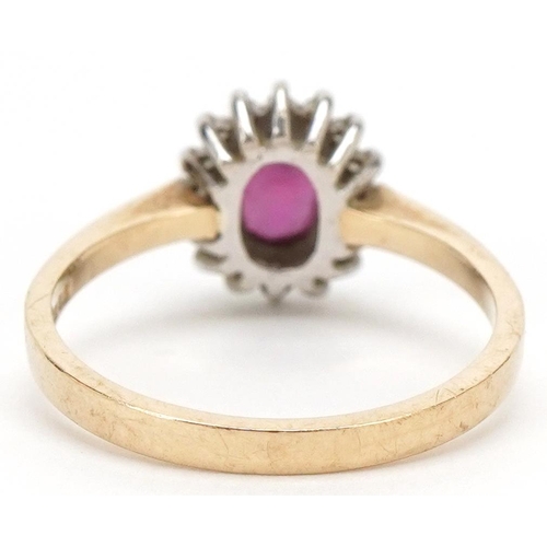 3194 - A 9ct gold ruby and diamond cluster ring, size N/O, 2.4g.