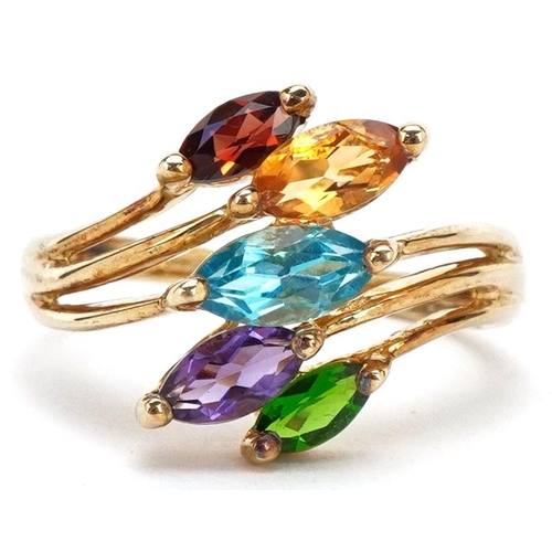 3376 - A 9ct gold multi gem floral ring set with garnet, citrine, blue topaz, amethyst and emerald, size P,... 