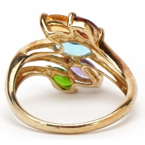 3376 - A 9ct gold multi gem floral ring set with garnet, citrine, blue topaz, amethyst and emerald, size P,... 