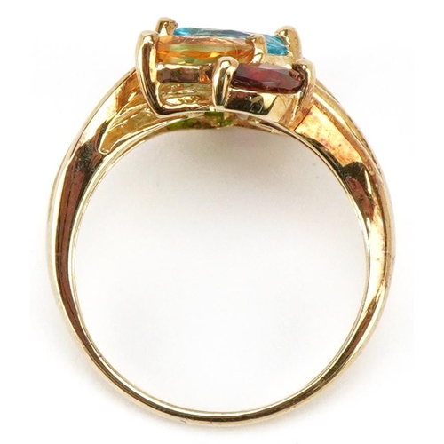 3376 - A 9ct gold multi gem floral ring set with garnet, citrine, blue topaz, amethyst and emerald, size P,... 