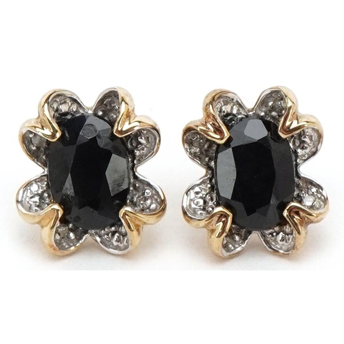 3470 - A pair of 9ct gold sapphire and diamond stud earrings, 10.5mm high, total 2.5g.