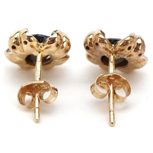 3470 - A pair of 9ct gold sapphire and diamond stud earrings, 10.5mm high, total 2.5g.