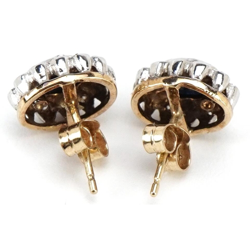 3188 - A pair of 9ct gold sapphire and diamond cluster stud earrings, 11.0mm high, total 2.5g.