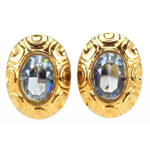 3193 - A pair of Victorian style 9ct gold blue stone stud earrings, 12.0mm high, total 1.8g.