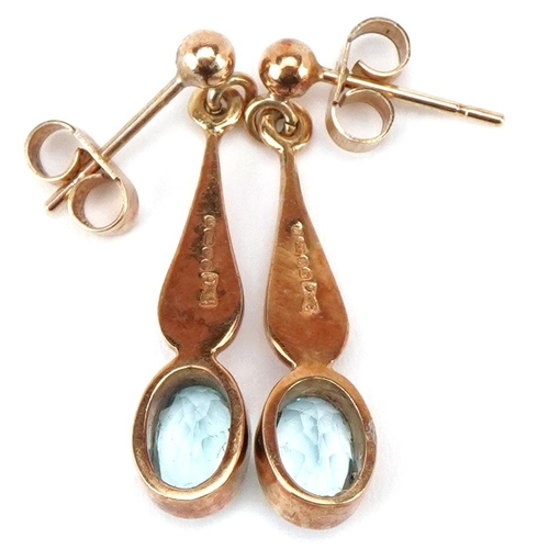 3460 - A pair of 9ct gold blue topaz drop earrings, 2.8cm high, total 2.9g.