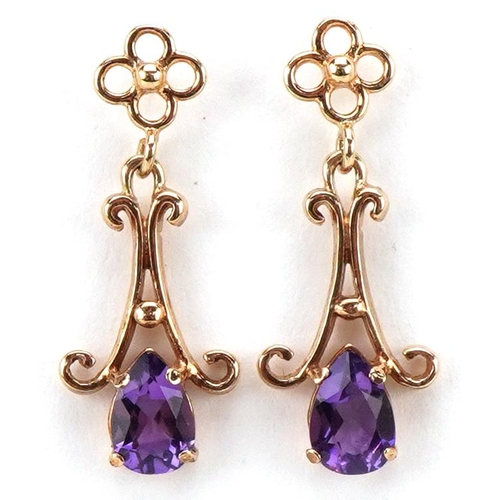 3485 - A pair of 9ct gold amethyst drop earrings, 2.1cm high, total 1.6g.