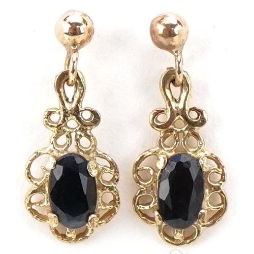 3493 - A pair of 9ct gold sapphire drop earrings, 1.5cm high, total 1.1g.