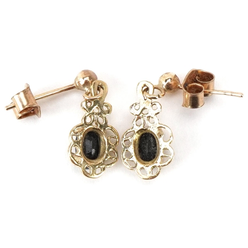 3493 - A pair of 9ct gold sapphire drop earrings, 1.5cm high, total 1.1g.